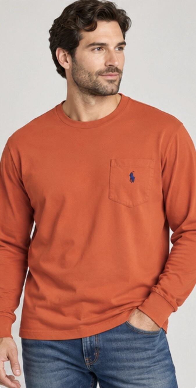 Polo Ralph Lauren Men XL Orange Long Sleeve Pocket T Shirt Pony Logo